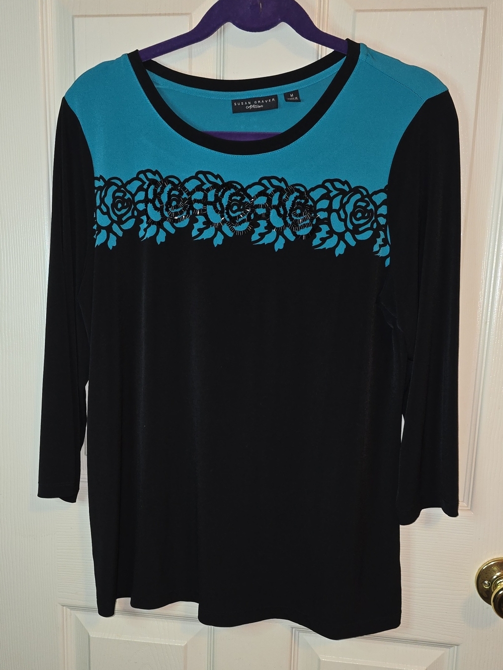 Susan Graver Black and Teal Floral Yoke Long Sleeve Top